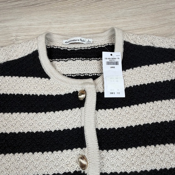 Abercrombie & Fitch Women Sz L Striped Textured Cardigan Cream Black Gold‎ New - Picture 4 of 7